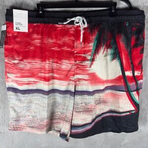 George Mens XL Swim Trunks 7in Inseam Sunset Palm Tree Print Beach Board Shorts